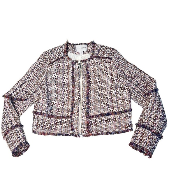 CAROLINA BELLE Montreal Crop Tweed Zip Front Multicolor Blazer Jacket Size L - Picture 1 of 16